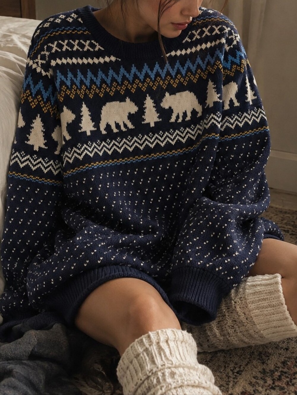J. Crew Navy Fair Isle Bear Motif Nordic Crewneck Sweater